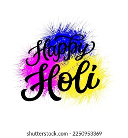 Happy Holi. Hand lettering text with color splashes isolated on white background. Vector typography for indian holiday decorations, posters, banners, cards