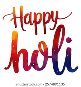 "Happy Holi" hand-lettered in a vibrant, rainbow-colored watercolor style. This festive design is perfect for Holi festival cards, invitations, social media posts, and other related projects.