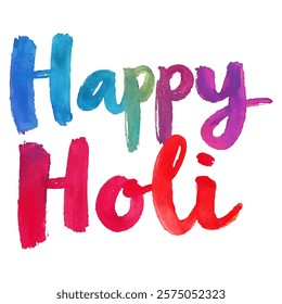 "Happy Holi" hand-lettered in a vibrant, rainbow-colored watercolor style. 