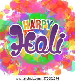 Happy Holi, handmade calligraphic typeface on colorful background. Template for Indian Holi festival  poster. Vector illustration.