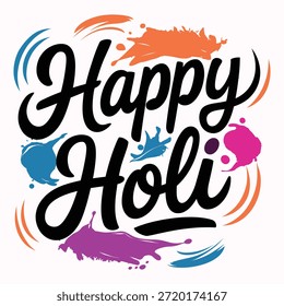 Texto de letras manuscritas de Happy Holi con Ilustración vectorial de salpicaduras de pintura colorida