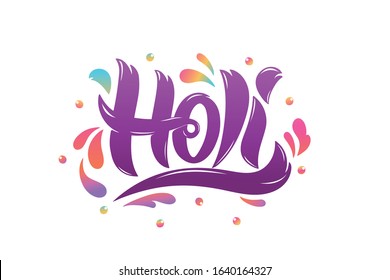 Happy Holi handwritten text. Hand lettering, modern brush ink calligraphy isolated on white background. Indian festival of colors theme. Colorful gradient vector illustration typography design as logo