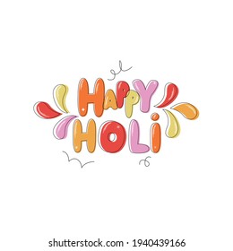 Happy Holi handwritten text. Hand lettering with colorful splashes, modern flat style isolated on white background. Indian festival of colors theme. Typography design for greeting card, poster, logo