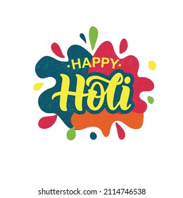 Happy Holi handwritten text. Hand lettering, modern brush ink calligraphy on colorful abstract background. Indian festival of colors theme. Vector illustration Typography design for card, poster