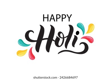 Happy Holi handwritten text. Hand lettering, modern brush ink calligraphy isolated on white background. Indian festival of colors theme. Vector illustration Typography flat design for card, poster