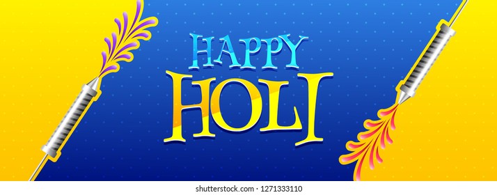 Happy Holi-Header oder Banner-Design in gelber und blauer Farbe für Festivalfeiern.