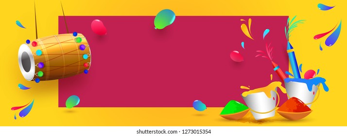 Happy holi header or banner design with color buckets and hanging dhol (Drum) on yellow background with space for your text.