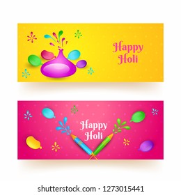 Happy Holi header or banner design in yellow and pink color with festival elements.