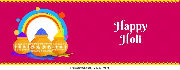 Cabecera feliz Holi o diseño de pancarta con tres macetas de barro llenas de color seco (Gulal) contra marco circular en blanco dado en fondo rosa floral.