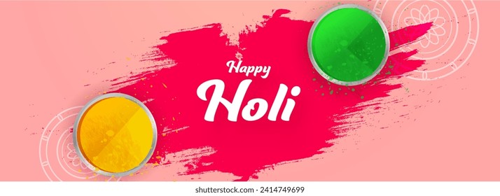 Happy Holi Header or Banner Design with Top View Two Bowls Full of Color Powder (Gulal) on Pink Splash Floral Background.