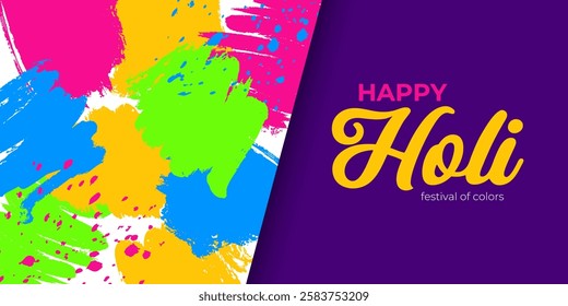 Happy Holi holiday banner. Indian festival of colors, love and spring. Bright colored brush strokes with hand lettering. Festive graphic design for Holi greetings and invitations. Vector illustration.