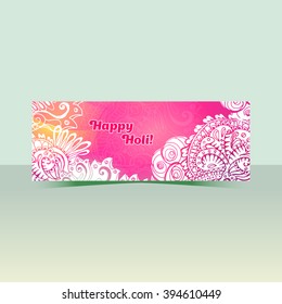 Happy Holi horizontal flyer design template, vector background concept design with colorful Holi zentangle style paint. Pink and white colors. Happy Holi greeting text.