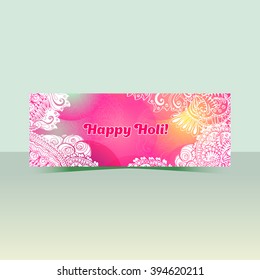Happy Holi horizontal flyer design template, vector background concept design with colorful Holi zentangle style paint. Pink and white colors. Happy Holi greeting text.