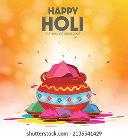 Happy Holi Indian Color Festival Greetings with Bokeh Effect. Colorful blue, pink and green Holi powder pot.