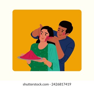 Happy Holi, Indian happy couple celebrating the Holi festival with editable vector hand-drawn illustrations.