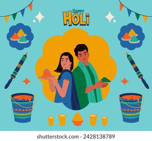 Happy Holi, Indian happy couple celebrating the Holi festival with editable vector hand-drawn illustrations.