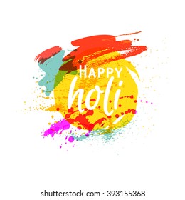 Happy Holi. Indian Fest Party celebration. Spring, festival of colour, splash, paint clouds, powder paint. Watercolor abstract background. Template for creative flyer, banner. Vector illustration