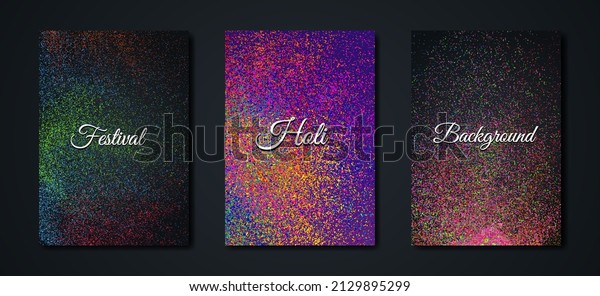 Happy Holi Indian Festival Banner, Colorful\
gulaal, powder color, party set luxury black card with explosion\
patterned and crystals multicolors Background, vector illustration\
vibrant color template