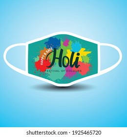 happy Holi Indian festival. cloth mask. vector illustration design. covid-19, corona virus concept
