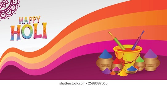 happy holi Indian festival of colors abir with bucket with pichkari vector poster