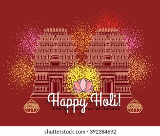 Happy Holi Indian festival of colors flat thin line greeting card banner template. Indian temple. Hindu festival linear minimal modern stroke vector concept. Web, banner, poster, flyer