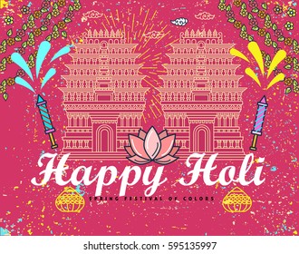 Happy Holi Indian festival of colors flat thin line greeting card banner template. Indian temple. Hindu festival linear minimal modern stroke vector concept. Web, banner, poster, flyer