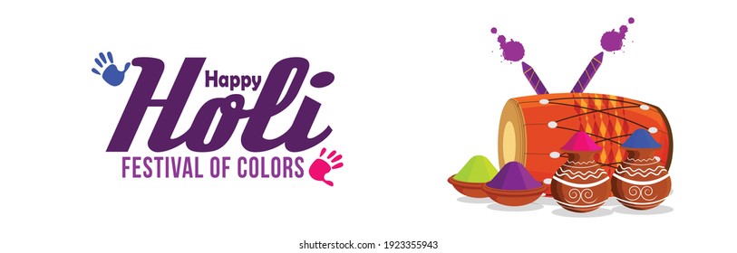 Happy holi indian festival greeting card with powder mud pot and color plate