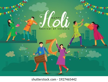 Happy Holi Indian Festival, Poster, Banner, Vorlage. Cartoon Young People Playing Holi on bunt costume . Vektorgrafik-Design.