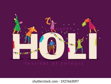 happy Holi Indian festival, poster, banner, template. Cartoon Young people Playing Holi On colorful costume . symbolic vector illustration design.