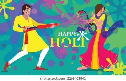 Happy Holi, Indian festival, poster, banner, template. Cartoon Young people Playing Holi On colorful costume. vector illustration. colour festival of India, Holi