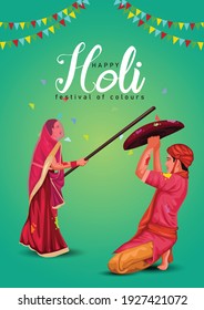 happy holi indian festival. women beat up men with long sticks as a ritual in the Lathmar . vector illustration