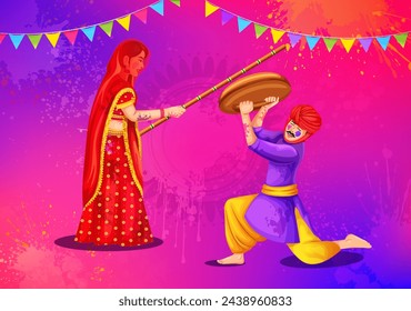 Happy Holi indian festival. Women beat men with bamboo stick as part of Lath mar Holi ritual, Lathmar Holi celebration vector illustration