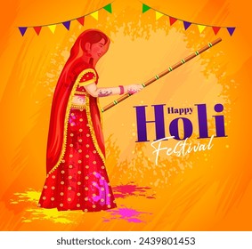 Happy Holi indian festival. Women beat men with bamboo stick as part of Lath mar Holi ritual, Lathmar Holi celebration vector illustration