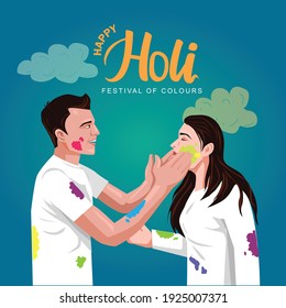 happy Holi Indian festival. Young couple Playing Holi celebration On white dress, poster, banner, wallpaper. vector illustration design