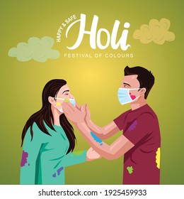 happy Holi Indian festival. Young couple Playing Holi celebration On white dress, poster, banner, wallpaper. vector illustration design. covid-19, corona virus concept