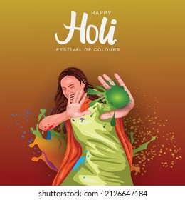 happy Holi Indian girl play with colorful powder. vector illustration design. 