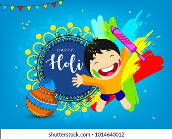 Happy holi Indian hindu festival 2018 . traditional editable vector illustration composed of water color splash , kids and festival elements with Holi text.