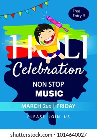 Happy holi Indian hindu festival 2018 . traditional editable vector illustration composed of water color splash , kids and festival elements for greeting card, flyer or banner.