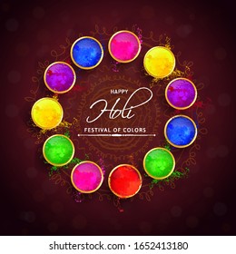 Happy Holi indian hindu festival of colors greeting vector background with  colorful  yellow, red, blue powder paint