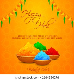 Happy Holi indian hindu festival of colors greeting orange background with  colorful  yellow, green, blue, red powder  banner, poster, creative, flyer  