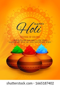 Happy Holi indian hindu festival of colors greeting orange background with  colorful  green, blue, red powder  banner, vector, poster, creative, flyer  