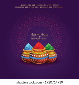 Happy Holi indian hindu festival of colors greeting orange background with colorful green, blue, red powder , banner, poster, creative, flyer
