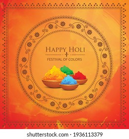 Happy Holi indian hindu festival of colors greeting orange background with colorful green, blue, red powder , banner, poster, creative, flyer