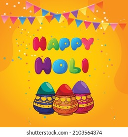 Happy Holi indian hindu festival of colors greeting orange background with colorful green, blue, red powder , banner, poster, creative, flyer