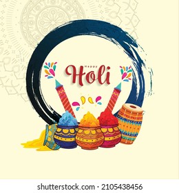 Happy Holi Indian Hindu Festival Of Colors  Greeting Hand Drawn Illustration With Water Color Background With Colorful Green, Blue, Red Powder , Banner, Poster, Creative, Flyer