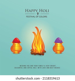 Happy Holi indian hindu festival of colors greeting with bonfire and   colorful  red,  blue powder paint  vector banner, poster, creative, flyer  