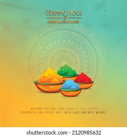 Happy Holi Indian Hindu Festival Of Colors Greeting With Bonfire And   Colorful  Red,  Blue Powder Paint  Vector Banner, Poster, Creative, Flyer  