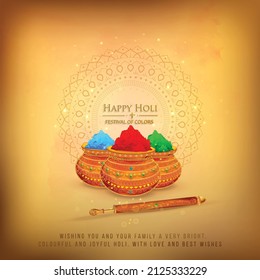Happy Holi indian hindu festival of colors greeting mandala background with colorful yellow, red, blue powder paint vector banner, poster, creative, flyer