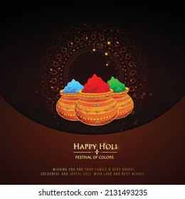 Happy Holi indian hindu festival of colors greeting with colorful yellow, red, blue powder paint vector banner, poster, creative, flyer