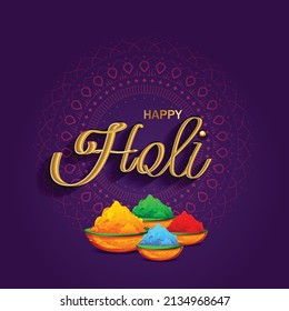 Happy Holi indian hindu festival of colors greeting mandala background with colorful yellow, red, blue powder paint vector banner, poster, creative, flyer